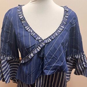 Cinq à Sept Navy Striped Ruffle Blouse